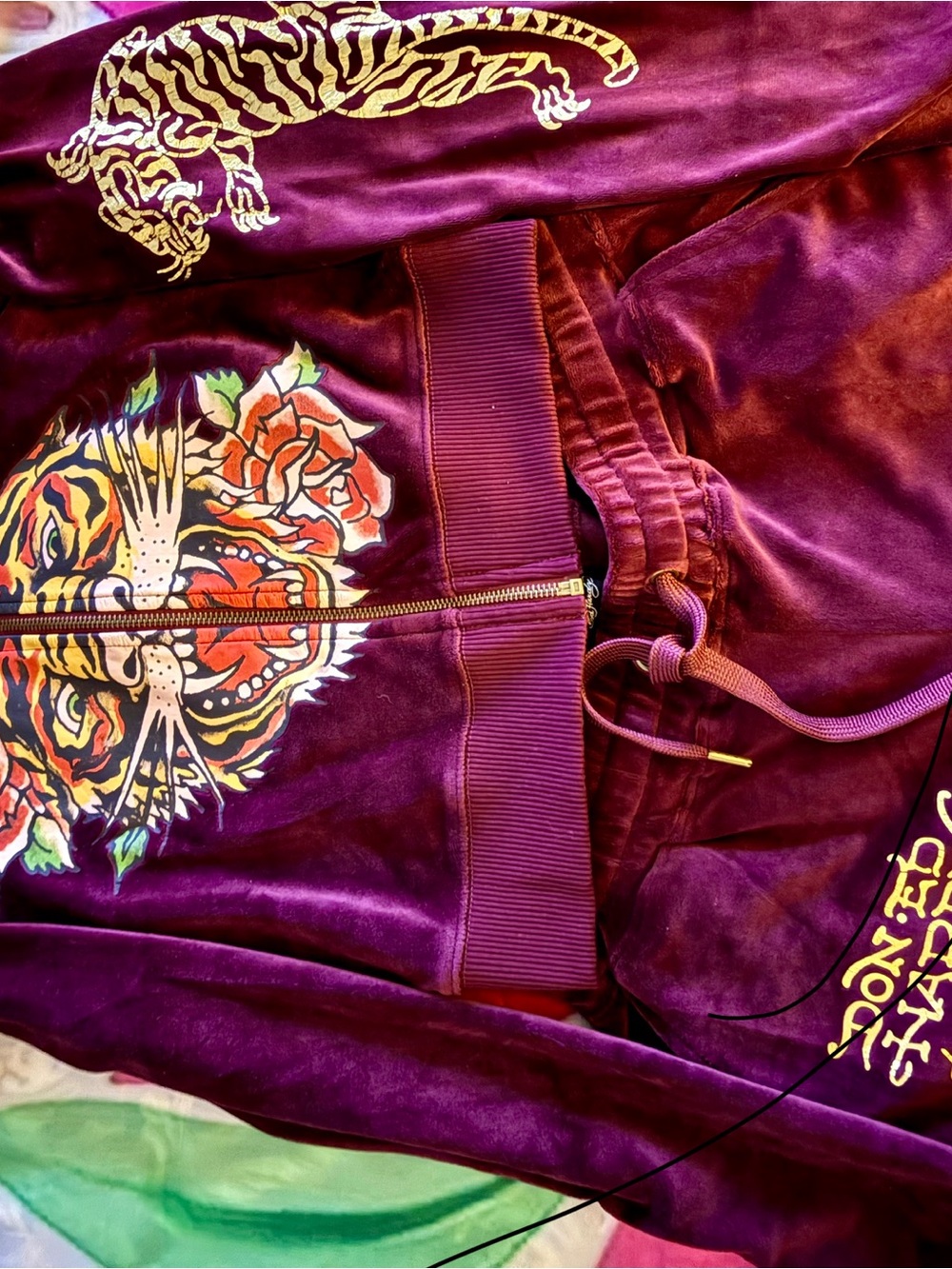 Ed Hardy Velvet Burgundy Tracksuit with Tiger Embroidery